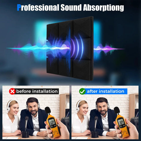 48 Pack Heavy Duty Soundproof Foam Acoustic Panels 12 X 12 Inch Wall Tiles For Podcast Setup shown absorbing sound before and after installation.