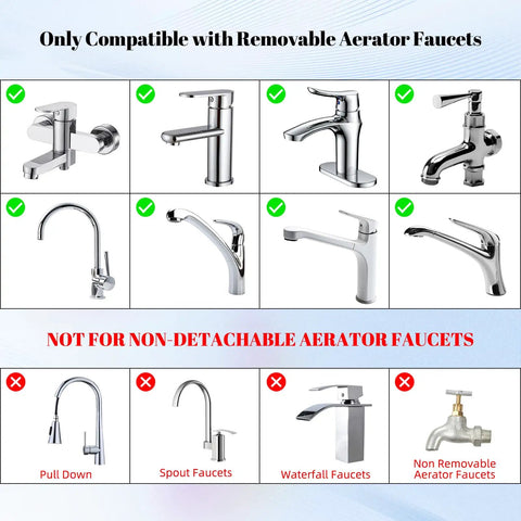 Compatibility guide for Dual Function Chrome Kitchen Faucet Aerator With 360 Swivel Spray with various faucet types shown.