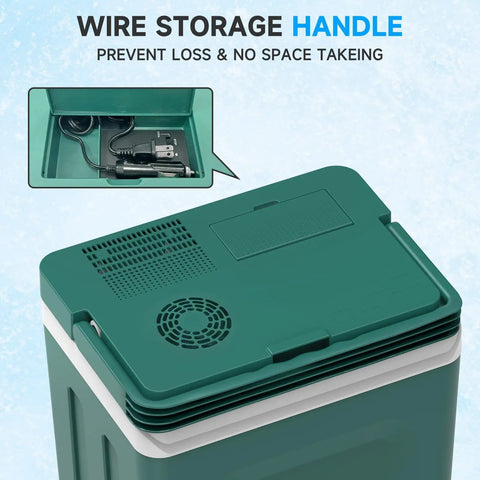 Wire storage handle and interior plug for Tailgate Ready Portable Thermoelectric Car Cooler And Warmer 26 5 Quart Dual Temp Fridge.