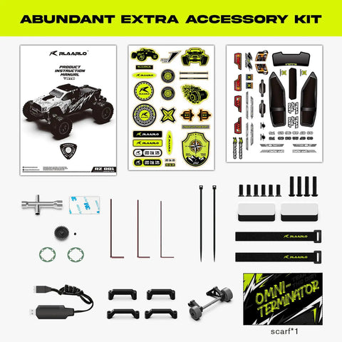 Accessory kit for 1/10 Scale Brushless Beast Mode Fast RC Car For Adults, Off Road Monster Truck, decals, tools, and parts.