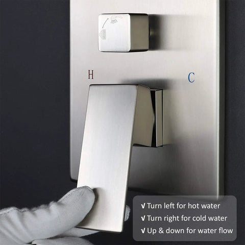 Close-up of brushed nickel Shower Faucet Set With 12 Inch Square Head Pressure Balanced Valve Handheld Shower Spray wall-mounted controls.