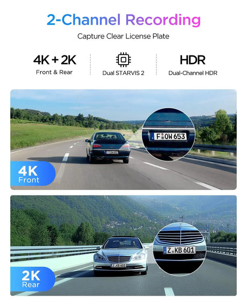 A329S 4K Dash Cam Front And Rear For Cars, 4K front view on highway, showcasing license plate clarity.