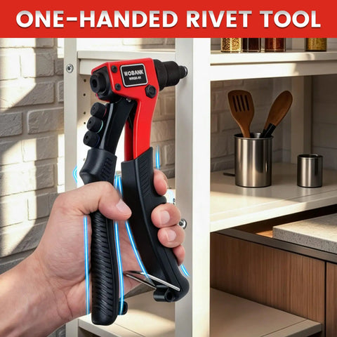Rivet Gun Kit With 430 Aluminum Rivets, 4 Drill Bits And Protective Gloves In Portable Carrying Case For Home Workshop And Sheet Metal Projects, Great For Repairs And DIY Metalwork, one-handed rivet tool in use
