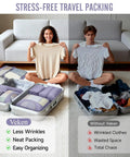 8 Piece Packing Cubes Set For Travel Essentials In Four Sizes, neatly packed in suitcase beside messy clothes example