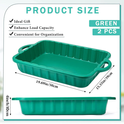 Two-Pack 19.7x15.4x4 Inch Oil Drain Pans, Green 2-Gallon Auto Catch Trays shown in stacked position, dimensions highlighted