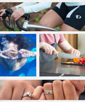 Collage of cycling, swimming, cooking, and close-up of loose rings with Invisible Ring Size Adjuster For Loose Rings With Six Sizes.