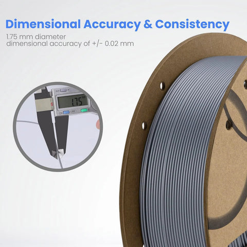 Side view of a 1 kg spool of black PLA filament on a cardboard core, 1.75 mm diameter.