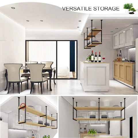 Industrial Iron Ceiling Mounted Bar Rack With Two Tier Wine Shelf And Overhead Space Saving Storage installed in modern kitchen