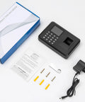 Fast Fingerprint Time Clock For Small Biz With Waterproof Sensor That Snaps Up Wet Or Dry Prints Quick, Auto Counts Shifts And Cuts Lunch, Stashes 1000 IDs Plus 100K Logs, Drops In 8GB USB, Zero Monthly Fees, Tough Steel Chassis Handles Daily Grease And items laid out including time clock, user manual, screws, and charging adapter.