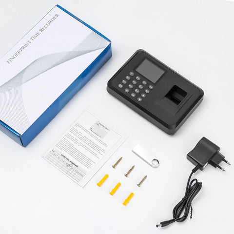 Fast Fingerprint Time Clock For Small Biz With Waterproof Sensor That Snaps Up Wet Or Dry Prints Quick, Auto Counts Shifts And Cuts Lunch, Stashes 1000 IDs Plus 100K Logs, Drops In 8GB USB, Zero Monthly Fees, Tough Steel Chassis Handles Daily Grease And items laid out including time clock, user manual, screws, and charging adapter.