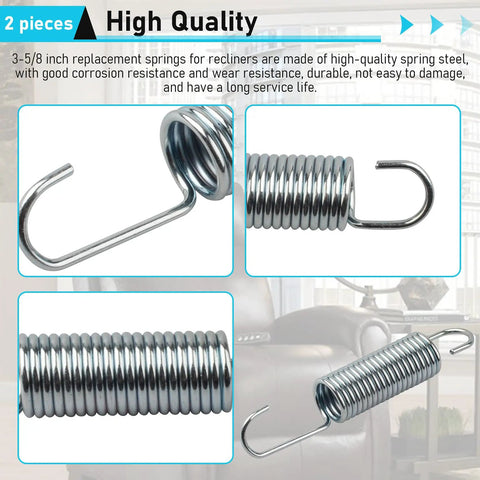 Top Shelf Recliner Springs Two Pack With Long Neck Hooks Provide Rock Solid Tension For Couch Cushions No Sweat Furniture Replacement And Pro Level Repair Gear, showing 3-5/8 inch high-quality springs.