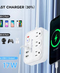 2-Pack 6-In-1 USB Power Strip with 3 Outlets and 3 USB Ports, Type-C Fast Charge, phone charging, 5 ft flat plug shown.