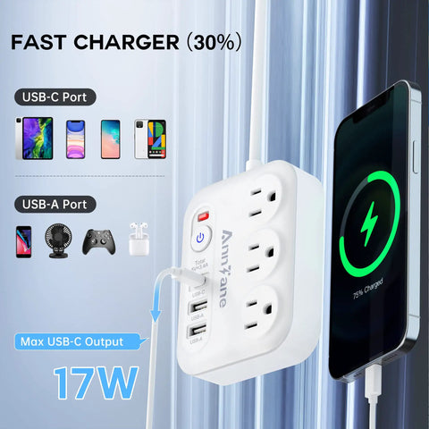 2-Pack 6-In-1 USB Power Strip with 3 Outlets and 3 USB Ports, Type-C Fast Charge, phone charging, 5 ft flat plug shown.