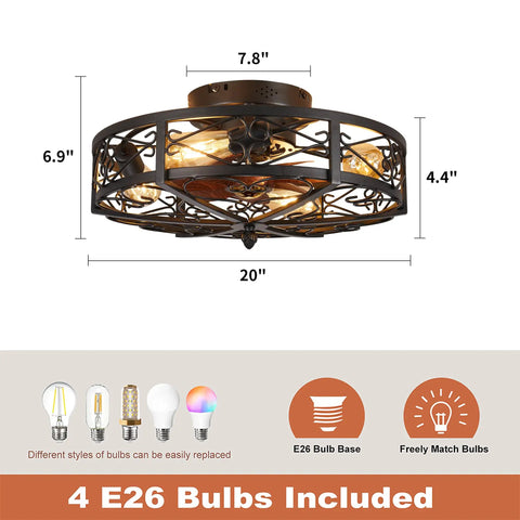Rustic Black Caged Flush Mount Ceiling Fan With Lights And Remote, Vintage Low Profile, E26 Bulbs, 20-inch Diameter