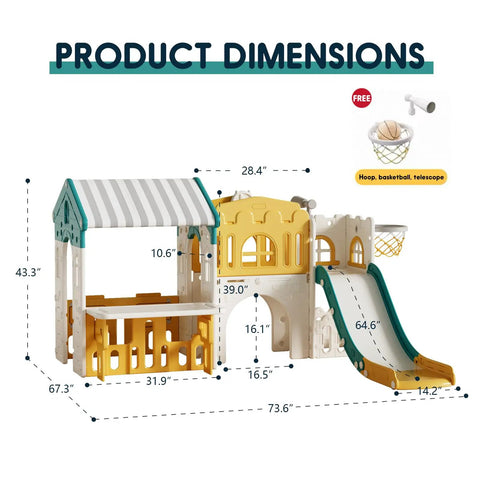 Outdoor Toddler Playset With Rock Climber And Slide, Basketball Hoop, Storage, Castle Playhouse, And 10 In 1 Upgrade dimensions