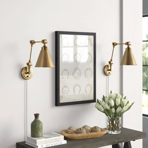 Farmhouse Swing Arm Wall Sconce Set Of 2 With Dope Industrial Adjustable Design Brass Finish in living room with decor