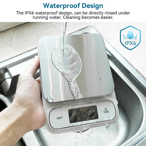 Waterproof IPX6 Kitchen Scale with backlit display, stainless steel platform being rinsed, ultra precise 0.1 g and 0.01 oz.