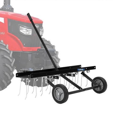 Heavy Duty 48 Inch Tow Behind Dethatcher With 24 Spring Steel Tines And Lift Handle For ATV Or Mower Lawn Rake For Thatch Removal Leaves And Debris Quick Clean Up For Lawn Garden And Yard