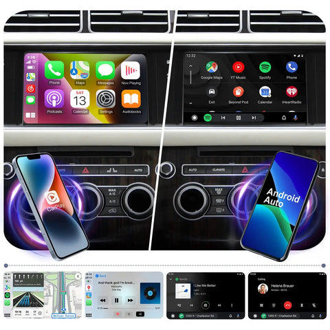 Plug And Play Wireless CarPlay Receiver For Land Rover Range Rover Evoque Discovery 4 Jaguar XE XF Bosch CarPlay Interface Retrofit Kit With Android Auto Mirror Link Reverse Camera USB Drive shown in infotainment screen installation view