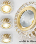 Super Slick 9 Pack Led Recessed Lighting Kit Featuring Heavy Duty Brass Housing And Crisp Crystal Trim For Living Room Hallway No Sweat Install Flat Out Amazing Glow Top Shelf Quality Remodel Ready, showcasing crystal and brass recessed lights.