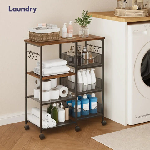Rolling Kitchen Island Cart On Wheels With Four Tier Shelves And Storage Baskets, Six Removable Hooks, Locking Casters, in laundry room