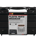 Front view of Durable Plastic Storage Organizer With Full Height Dividers For Small Parts And Tools Flat Or Upright Storage And Built In Feet Ideal For Garage Workshop Use And Grab And Go Home Projects in packaging.