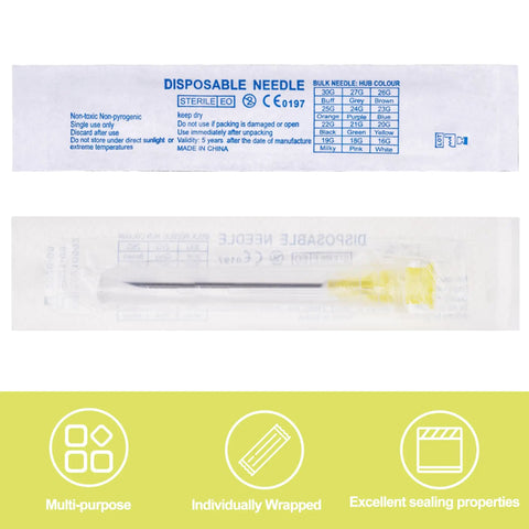 Pro Grade 20 Gauge 1.5 Inch Luer Lock Needles For Science Labs And Industrial Dispensing Individually Blistered 100 Pack in sterile packaging.