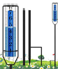 Beefed Up 7 Inch Rain Gauge For Outdoor Use With Freeze Proof Design, featuring adjustable parts and clear tube with readable numbers.