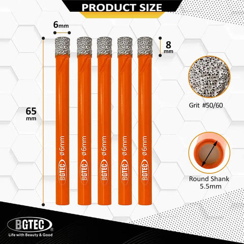Dry Diamond Drill Bit Set Five Piece One Quarter Inch Six Millimeter Hole Saw Kit Heavy Duty product size dimensions