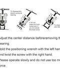 Diagram showing Three images of a two jaw gear puller for internal and external bearing removal with usage instructions