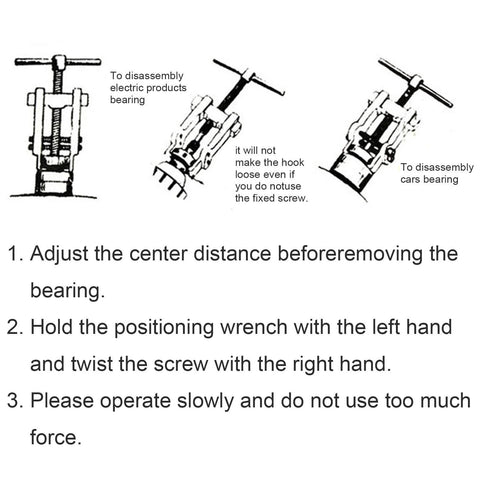 Diagram showing Three images of a two jaw gear puller for internal and external bearing removal with usage instructions