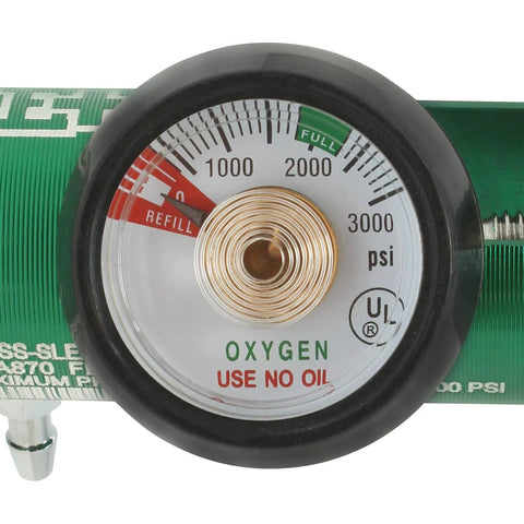 Front view of Ever Ready oxygen regulator gauge on a green cylinder; shows 0-3000 psi and OXYGEN USE NO OIL