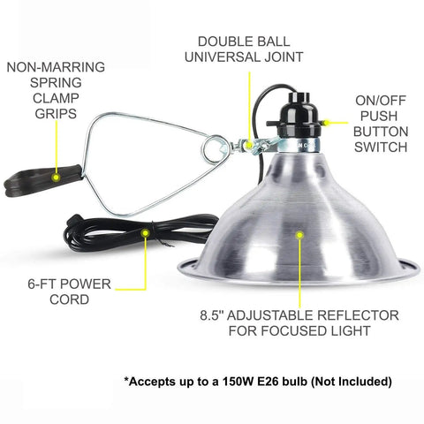 Clamp Lamp With Eight And A Half Inch Aluminum Reflector Up To 150W E26 Socket A Real Workhorse Desk Light For Studio Shop Photography And Indoor Plant Growth 6 Foot Cord Silver Finish No Bulb Included