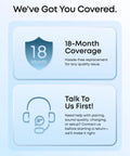 18-month warranty coverage information graphic with customer support details for assistance on issues.