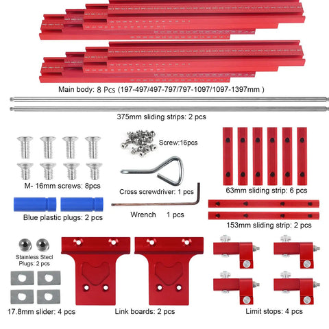 Parallel Guide Rail Extension Kit For Track Saw with Fixed Guide Rails, connectors, screws, and tools displayed in layout