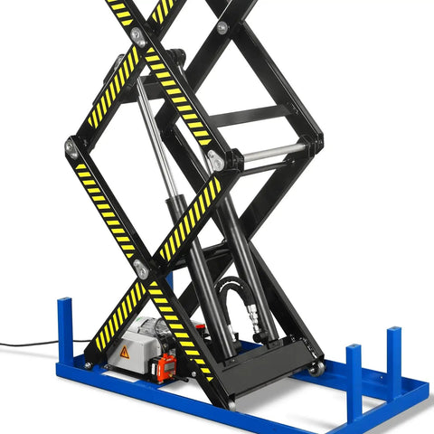 Solid 2200 Lb Capacity Double Scissor Electric Hydraulic Lift Table With Wireless Remote Control 70 Inch Height close-up showing hydraulic system