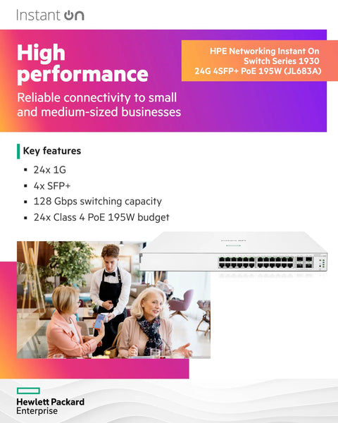 Instant On 1930 24 Port Gigabit Ethernet Switch With 24xGE PoE 195W And 4x 1G 10G SFP Plus US Cord shown with spec highlights