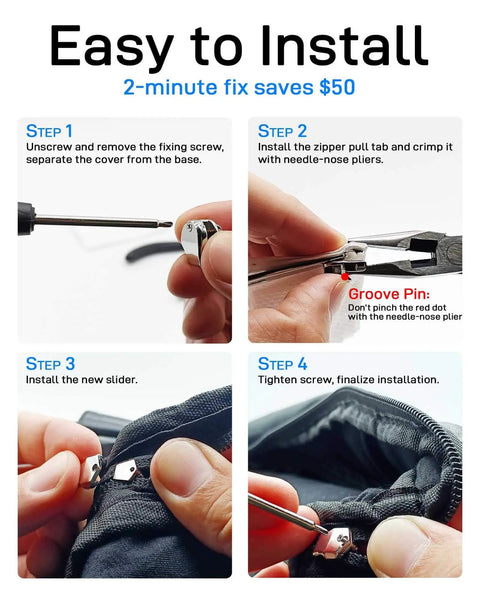 Installation steps for Beefy Zipper Pull Replacement Kit With Fixing Tools For Jackets Luggage Bags Tents And Outdoor Gear Durable Stainless Steel Zipper Slider Repair Solution Black Size 5.