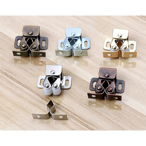 6 Pack Galvanized Double Ball Roller Cabinet Catch in various finishes on wood surface
