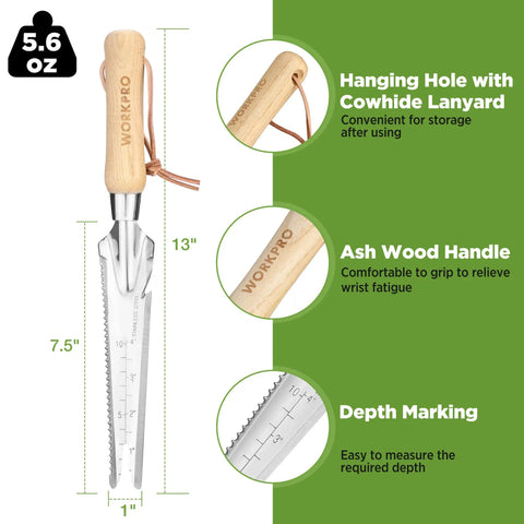 Five In One Garden Weeder Tool With Stainless Steel Head And Wooden Handle showcasing size and features, 13 inches long, 5.6 oz.