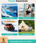 Collage of travel essentials, including cruise ship, woman at airport, SUV off-road, campsite with tent, and warranty message