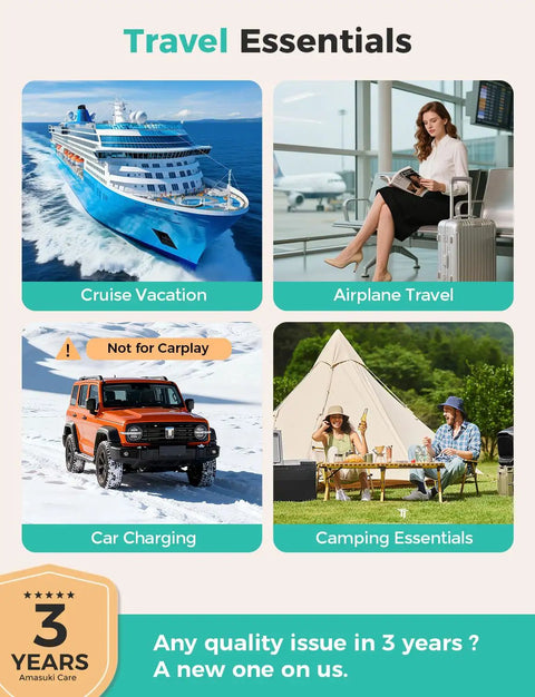 Collage of travel essentials, including cruise ship, woman at airport, SUV off-road, campsite with tent, and warranty message