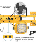 Ultra Bright 30W LED Dock Light with 40 inch folding double arm and built-in receptacle, 4200 lumens, fan attachment shown
