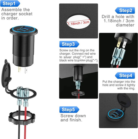 Installation steps for Triple USB Car Charger With Dual PD3.0 USB C Ports And Quick Charge 3.0 for car, boat, RV, ATV.