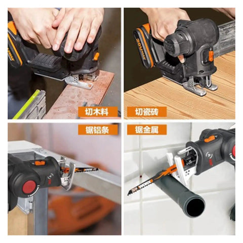 20V Cordless 2 In 1 Reciprocating Saw And Jigsaw With Tool Free Blade Swap in use on wood, metal, and pipe.