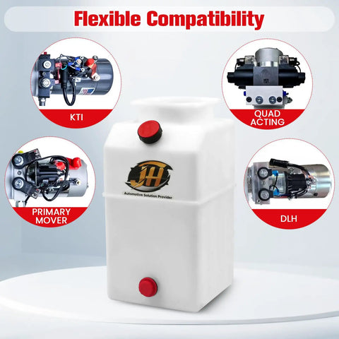 6 Quart Poly Power Unit Reservoir for Hydraulic Systems with compatibility options for dump trucks, trailers, and trailers.