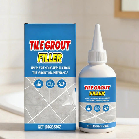 Fix Ceramic Gaps Fast With Heavy Duty Tile Filler Cream, 100g Waterproof Quick Dry Paste in bottle and box on bathroom counter