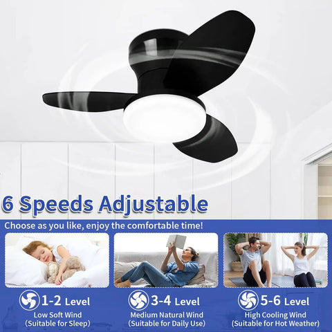 Compact Ceiling Fan With Light 25 Inch Flush Mount Remote Control Dimmable LED 6 Speeds Reversible Quiet DC Motor Black