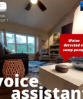 Living room with Smart Home Starter Kit With Hub And Three Water Leak Sensors, LoRa Range Up To One Quarter Mile Open Air, alerts on table.