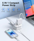 Road Trip Ready Compact Portable Power Strip Featuring Ridiculously Sleek Wrap Around Build And Plug Play 20W Pd Fast Charging Usb Ports setup with phone and laptop.